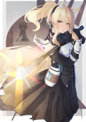 Rule 34 | 1girl, absurdres, animal ear fluff, animal ears, arknights, armor, axe, blonde hair, breastplate, brown eyes, cowboy shot, from side, hair between eyes, headset, highres, holding, holding axe, horse ears, horse girl, horse tail, long hair, looking at viewer, looking to the side, nearl (arknights), penguin4, ponytail, rhodes island logo (arknights), shoulder armor, sidelocks, solo, tail, weapon, white background