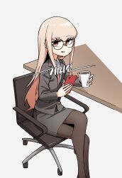 Rule 34 | 1girl, absurdres, alternate costume, black pantyhose, black skirt, blonde hair, business suit, cellphone, chair, coffee, collared shirt, commentary, commission, crossed legs, cup, disposable cup, feet out of frame, formal, girls&#039; frontline, glasses, grey background, highres, holding, holding cup, holding phone, long hair, looking at viewer, neonfloyd, office chair, office lady, on chair, pantyhose, pencil skirt, phone, red eyes, round eyewear, shirt, simple background, sitting, skirt, skirt suit, smartphone, smile, solo, suit, swivel chair, table, type 80 (girls&#039; frontline), white shirt