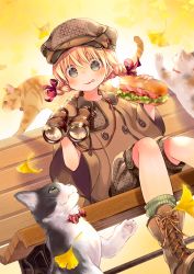 Rule 34 | 1girl, absurdres, animal, bench, binoculars, blonde hair, blush, boots, braid, brown footwear, brown headwear, brown jacket, brown shorts, cat, closed mouth, commentary request, cross-laced footwear, dutch angle, eyebrows hidden by hair, food, food on face, ginkgo leaf, green socks, hair between eyes, hair ribbon, highres, holding, holding food, huge filesize, jacket, kuga tsukasa, lace-up boots, leaf, licking lips, long sleeves, looking at viewer, on bench, original, park bench, puffy shorts, red ribbon, ribbed legwear, ribbon, sandwich, shorts, sitting, smile, socks, solo, tongue, tongue out, twin braids, wide sleeves