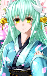 Rule 34 | 1girl, absurdres, aqua hair, blue kimono, blurry, blurry background, blush, commentary request, depth of field, fate/grand order, fate (series), hair between eyes, highres, horns, japanese clothes, kimono, kiyohime (fate), long hair, long sleeves, looking at viewer, minarai tenna, obi, parted lips, petals, sash, sleeves past wrists, smile, solo, upper body, yellow eyes