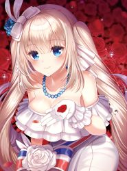 Rule 34 | 1girl, absurdres, bad id, bad pixiv id, bare shoulders, blonde hair, blue eyes, blue flower, blue rose, blurry, blurry background, blush, bow, closed mouth, commentary, depth of field, dress, ecu8080, english commentary, fate/grand order, fate (series), flower, gloves, hair between eyes, hair bow, hair flower, hair ornament, highres, holding, holding petal, huge filesize, jewelry, long hair, marie antoinette (fate), marie antoinette (fgo orchestra) (fate), necklace, official alternate costume, pearl necklace, petals, red flower, red rose, rose, smile, solo, strapless, strapless dress, striped, striped bow, twintails, very long hair, water drop, white bow, white dress, white flower, white gloves, white rose