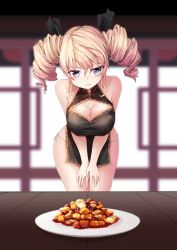 Rule 34 | &gt;:3, 1girl, :3, absurdres, bare shoulders, black dress, black ribbon, blonde hair, blue eyes, blurry, breasts, china dress, chinese clothes, cleavage, cleavage cutout, closed mouth, clothing cutout, cowboy shot, depth of field, dress, drill hair, food, hair ribbon, highres, large breasts, leaning forward, looking at viewer, mapo tofu, original, panties, ribbon, short dress, side-tie panties, sleeveless, sleeveless dress, smile, solo, twin drills, underwear, v-shaped eyebrows, white panties, zheyi parker