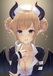 Rule 34 | 1girl, :q, blonde hair, blue eyes, blush, breasts, cardigan, cleavage, closed mouth, collarbone, commentary request, demon horns, demon wings, double bun, emblem, finger to cheek, gradient background, hair bun, hair ribbon, hat, highres, hololive, horns, looking at viewer, medium breasts, nurse cap, open cardigan, open clothes, pointy ears, ribbon, shaketarako, smile, solo, swept bangs, tongue, tongue out, tress ribbon, upper body, virtual youtuber, white ribbon, wings, yuzuki choco, yuzuki choco (nurse)