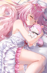 Rule 34 | 1girl, absurdres, animal ear fluff, animal ears, antenna hair, armpits, artist name, bare shoulders, bed, blanket, blush, bow, breasts, choker, closed eyes, hair between eyes, hakui koyori, highres, holding, holding stuffed toy, hololive, kumoru (kumoru 145), long hair, lying, moonlight, on side, open mouth, pillow, pink hair, red bow, sleeping, sleepwear, sleeveless, stuffed toy, tail, teeth, thigh strap, thighs, virtual youtuber