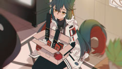 Rule 34 | 1girl, 1other, :|, animal ears, arknights, black hair, black legwear, black pants, blurry, box, chromatic aberration, closed mouth, commentary, depth of field, doctor (arknights), food, gloves, hair between eyes, highres, holding, holding box, indoors, jacket, kneeling, long hair, long sleeves, looking away, multicolored hair, nyawurin, official alternate costume, orange eyes, pants, plant, pocky, red gloves, red hair, seiza, sitting, tail, television, texas (arknights), texas (winter messenger) (arknights), two-tone hair, white jacket, wolf ears