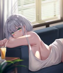 Rule 34 | 1girl, bare shoulders, blush, breasts, camisole, couch, cup, green eyes, grey hair, highres, hololive, large breasts, looking at viewer, lying, moisture (chichi), on stomach, shirogane noel, short hair, solo, virtual youtuber, white camisole
