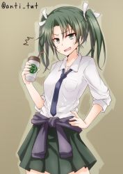 Rule 34 | 10s, 1girl, ^^^, alternate costume, anti (untea9), brown background, clothes around waist, coffee cup, cup, disposable cup, drinking straw, error musume, furrowed brow, gradient background, green hair, kantai collection, necktie, open mouth, school uniform, shirt, simple background, skirt, sleeves pushed up, solo, sweat, sweater, sweater around waist, twintails, twitter username, white shirt, zuikaku (kancolle)