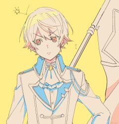 Rule 34 | 1boy, aiguillette, ascot, banner, blonde hair, brooch, buttons, closed mouth, epaulettes, highres, jacket, jewelry, looking to the side, male focus, project sekai, shirt, simple background, taro14 tea, tenma tsukasa, upper body, white ascot, white jacket, white shirt, wing collar, yellow background, yellow eyes