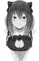 Rule 34 | 1girl, bad id, bad twitter id, bare shoulders, bell, black bra, black eyes, black hair, blush, bow, bra, breasts, cat cutout, cat lingerie, choker, cleavage, cleavage cutout, clothing cutout, collarbone, cowboy shot, foreshortening, frilled bra, frills, greyscale, hair between eyes, hair bow, highres, jingle bell, large breasts, leaning forward, long hair, looking at viewer, meme attire, monochrome, neck bell, original, shinomu (cinomoon), smile, solo, underwear, underwear only