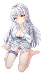 1girl bad_id bad_pixiv_id blue_bra blue_panties blush bnari bra breasts cleavage collarbone collared_shirt dress_shirt highres large_breasts long_hair long_sleeves looking_at_viewer original panties shirt silver_hair sitting smile solo thighs underwear wariza white_shirt yellow_eyes