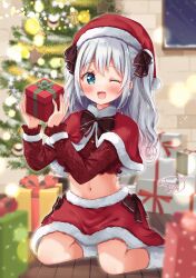 Rule 34 | 1girl, :d, artist name, blurry, blurry background, blush, boots, bow, bowtie, box, christmas, christmas ornaments, christmas tree, commission, curly hair, depth of field, eyebrows hidden by hair, fur-trimmed headwear, fur-trimmed sleeves, fur trim, gift, gift box, grey hair, hands up, hat, highres, holding, holding gift, kneeling, long hair, midriff, navel, on ground, open mouth, original, red hat, ribbon, santa costume, santa hat, sidelocks, sitting, skeb commission, smile, solo, sugutsuka rerun, two side up, wariza