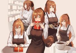 Rule 34 | 1girl, 3 small spiders, apron, bow, box, brown apron, brown bow, brown hair, chocolate, commentary request, gift, gift box, girls&#039; frontline, green eyes, hair bow, highres, long hair, looking at viewer, multiple views, open mouth, shirt, smile, springfield (girls&#039; frontline), white shirt