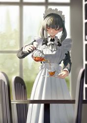 Rule 34 | 1girl, absurdres, black shirt, blunt bangs, blurry, blurry background, bow, bowtie, chair, closed eyes, collared shirt, commentary request, cup, dot nose, dress, frills, green hair, highres, holding, holding saucer, holding teapot, indoors, light smile, long dress, long sleeves, maid, maid headdress, original, pouring, sash, saucer, shelf, shii (kairi-t-k0317), shirt, short hair, short twintails, solo, standing, table, teapot, twintails, white bow, white bowtie, white dress, white sash, window