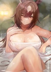 Rule 34 | 1girl, animal ears, bare arms, bare shoulders, breasts, brown hair, cleavage, commission, grin, head tilt, highres, horse ears, inaba (usanopo), knee up, large breasts, long hair, looking at viewer, naked towel, one eye closed, onsen, partially submerged, pixiv commission, red eyes, sirius symboli (umamusume), smile, solo, towel, umamusume, water