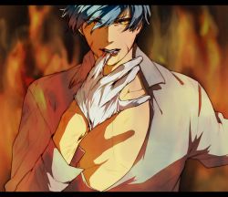 Rule 34 | 1boy, aqua hair, biting, blood, blood on face, blue hair, blurry, bruise, burning, chikuwa (dr0603), collarbone, collared shirt, dirty, dirty face, eyes visible through hair, fire, glove biting, glove in mouth, gloves, grey shirt, hair over one eye, hand up, ichigo hitofuri, injury, letterboxed, long sleeves, looking at viewer, male focus, mouth hold, pectoral cleavage, pectorals, removing glove, shirt, short hair, solo, touken ranbu, white gloves, yellow eyes