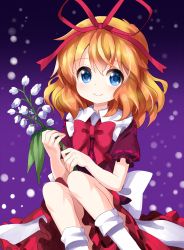 Rule 34 | 1girl, blonde hair, blue eyes, bow, bowtie, flower, hair ribbon, highres, lily of the valley, medicine melancholy, puffy short sleeves, puffy sleeves, ribbon, ruu (tksymkw), shirt, short hair, short sleeves, skirt, touhou