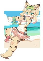 Rule 34 | 1girl, :3, :d, animal ears, animal nose, beach, beige fur, belt, bikini, bikini skirt, blush, body fur, breasts, cat, cat ears, cat girl, cat tail, claws, cloud, commentary request, eyewear on head, fang, full body, furry, furry female, goggles, green-tinted eyewear, green eyes, highres, long hair, looking at viewer, medium breasts, mia (world flipper), navel, ocean, open mouth, osa0801, sand, smile, snout, solo, standing, standing on one leg, striped fur, swimsuit, tail, tinted eyewear, two-tone fur, world flipper, yellow fur