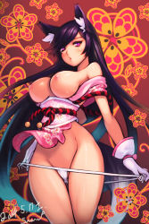 Rule 34 | 1girl, animal ears, bare shoulders, black hair, blush, breasts, dated, ecell, floral background, fox ears, fox tail, gloves, large breasts, long hair, nipples, open mouth, panties, panty pull, purple eyes, signature, solo, tail, tera online, thigh gap, underwear, white gloves, white panties
