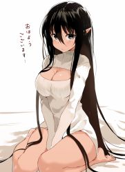 Rule 34 | 1girl, barefoot, bed sheet, black eyes, black hair, blush, bottomless, breasts, cleavage, cleavage cutout, clothing cutout, elf, female focus, knees together feet apart, large breasts, long hair, looking at viewer, meme attire, naked sweater, nauribon, open-chest sweater, original, pointy ears, ribbed sweater, sidelocks, simple background, sitting, solo, sweater, thighs, translated, tsurime, turtleneck, v arms, very long hair, wariza, white background, wide hips