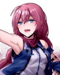 Rule 34 | 1girl, :d, absurdres, arairev, armpits, blue eyes, blue gloves, braid, breasts, commentary request, fingerless gloves, gloves, hai to gensou no grimgar, highres, long hair, looking at viewer, open mouth, red hair, single braid, smile, solo, teeth, upper body, upper teeth only, yume (grimgar)