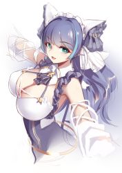 Rule 34 | 1girl, :d, absurdres, azur lane, bare shoulders, black dress, black hair, black ribbon, blue hair, blunt bangs, blush, breasts, bright pupils, cheshire (azur lane), cleavage, cleavage cutout, clothing cutout, collared dress, commentary request, crescent, detached sleeves, dress, fang, frilled dress, frills, gradient background, green eyes, highres, large breasts, liu lan, long hair, long sleeves, looking at viewer, maid, maid headdress, multicolored hair, neck ribbon, open mouth, outstretched arms, ribbon, sketch, skin fang, smile, solo, streaked hair, two-tone hair, underbust, wing collar