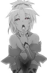 Rule 34 | 1girl, bare shoulders, blush, breasts, detached sleeves, fate/apocrypha, fate (series), greyscale, half-closed eyes, heart, heart-shaped pupils, leaning forward, looking at viewer, monochrome, mordred (fate), mordred (fate/apocrypha), navel, open mouth, oral invitation, otoo (izanagi), ponytail, pussy juice stain, saliva, simple background, small breasts, solo, sweat, symbol-shaped pupils, teeth, thighhighs, tongue, white background