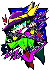 Rule 34 | absurdres, blood, bow, bright pupils, buttons, diamond button, encode8564, eyeball, floral print, flower, frilled sleeves, frills, green eyes, green hair, green skirt, hat, hat bow, heart, highres, holding, holding weapon, knife, komeiji koishi, long sleeves, looking at viewer, medium hair, pink blood, ribbon, shirt, simple background, skirt, third eye, tongue, tongue out, touhou, weapon, yellow ribbon, yellow shirt