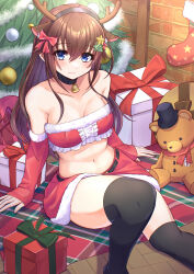 Rule 34 | 1girl, absurdres, animal costume, animal ears, ankimo (tokino sora), antlers, bare shoulders, bell, belt, blue eyes, blush, box, breasts, brick wall, brown hair, center frills, christmas, christmas present, christmas stocking, christmas tree, cleavage, collar, collarbone, deer ears, detached sleeves, frills, gift, gift box, hair between eyes, hair ornament, hair ribbon, hairclip, hat, highres, hololive, horns, hosi 0729, long hair, looking at viewer, midriff, navel, reindeer antlers, reindeer costume, ribbon, scar, skirt, solo, strapless, stuffed animal, stuffed toy, thighhighs, tokino sora, top hat, tube top, virtual youtuber