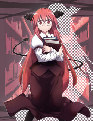 Rule 34 | 1girl, bespectacled, black pantyhose, black skirt, black vest, book, commentary request, demon tail, demon wings, feet out of frame, glasses, hair between eyes, head wings, holding, holding book, indoors, juliet sleeves, koakuma, long hair, long sleeves, looking at viewer, otoufu (wddkq314band), outline, pantyhose, polka dot, puffy sleeves, red eyes, red hair, shirt, silhouette, skirt, skirt set, smile, solo, standing, tail, touhou, very long hair, vest, white outline, white shirt, wings