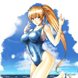 Rule 34 | 1girl, bare shoulders, breasts, brown eyes, brown hair, cloud, covered navel, dead or alive, female focus, fer yoshimiya, hair ribbon, highleg, highleg swimsuit, kasumi (doa), large breasts, long hair, matching hair/eyes, one-piece swimsuit, ponytail, ribbon, skin tight, sleeveless, smile, swimsuit, water