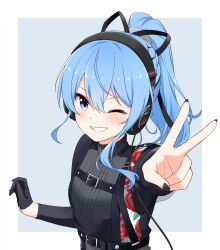 Rule 34 | 1girl, absurdres, asymmetrical sleeves, black nails, black shirt, blue eyes, blue hair, blush, chest harness, clenched teeth, felutiahime, fingernails, gloves, grin, hair between eyes, hair ribbon, half gloves, harness, headphones, highres, hololive, hoshimachi suisei, hoshimachi suisei (shout in crisis), long hair, long sleeves, mismatched sleeves, nail polish, official alternate costume, official alternate hairstyle, one eye closed, ponytail, ribbon, shirt, single glove, single half glove, smile, solo, star (symbol), star in eye, symbol in eye, teeth, turtleneck, upper body, v, virtual youtuber