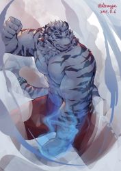 Rule 34 | 1boy, abs, animal ears, arange (youhei79384157), arknights, bara, blue eyes, dated, eye trail, feet out of frame, fighting stance, frown, furry, furry male, glowing, glowing eye, highres, large pectorals, light trail, male focus, mountain (arknights), muscular, muscular male, no nipples, official alternate costume, pectorals, scar, scar across eye, scar on arm, scar on chest, scar on face, short hair, smoke, solo, stomach, thick eyebrows, thick thighs, thighs, tiger boy, tiger ears, topless male, white fur, white hair