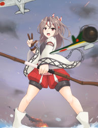Rule 34 | 1girl, aircraft, airplane, bow (weapon), brown eyes, brown hair, gloves, hachimaki, hair ribbon, headband, high ponytail, highres, holding, holding bow (weapon), holding weapon, japanese clothes, kantai collection, kodama (user rnfr3534), light brown hair, long hair, muneate, partially fingerless gloves, partly fingerless gloves, ribbon, single glove, solo, standing, weapon, yugake, zuihou (kancolle), zuihou kai ni (kancolle)
