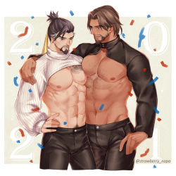 Rule 34 | 2boys, abs, arm around shoulder, bad id, bad twitter id, bara, bare pectorals, beard, black pants, brown hair, bulge, cassidy (overwatch), chest hair, chest tattoo, confetti, dark-skinned male, dark skin, facial hair, goatee, hanzo (overwatch), happy new year, highres, interracial, large pectorals, male focus, mature male, meme attire, multiple boys, muscular, muscular male, navel, navel hair, new year, nipples, overwatch, overwatch 1, pants, pectoral docking, pectoral press, pectorals, short hair, shrug (clothing), sideburns, smile, stomach, strawberry napa, stubble, tattoo, yaoi