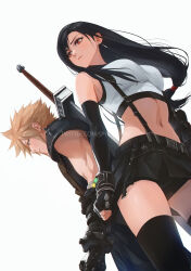 Rule 34 | 1boy, 1girl, armor, black hair, black skirt, black thighhighs, blonde hair, blue eyes, breasts, buster sword, closed mouth, cloud strife, commentary, crop top, drop earrings, earrings, elbow gloves, english commentary, final fantasy, final fantasy vii, final fantasy vii remake, fingerless gloves, gloves, highres, jewelry, large breasts, long hair, low-tied long hair, materia, midriff, navel, red eyes, revision, short hair, shoulder armor, single shoulder pad, skirt, sleeveless, sleeveless turtleneck, spiked hair, spykeee, suspender skirt, suspenders, sword, tank top, thighhighs, tifa lockhart, turtleneck, twitter username, weapon, weapon on back, white background, white tank top