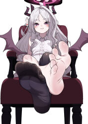Rule 34 | 1girl, ahoge, armchair, barefoot, black horns, black thighhighs, blue archive, chair, demon horns, demon wings, feet, female focus, foot focus, from below, fukiko (can of miso), grey hair, grin, halo, hina (blue archive), horns, long hair, looking at viewer, multiple horns, no shoes, purple eyes, shirt, simple background, single thighhigh, sitting, sleeveless, sleeveless shirt, smile, soles, solo, thighhighs, toes, white background, white shirt, wings