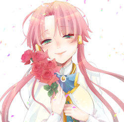 Rule 34 | 1girl, aria (manga), aria company uniform, blue bow, blue bowtie, blush, bow, bowtie, breasts, capelet, closed mouth, confetti, flower, gold trim, green eyes, hair tubes, holding, holding flower, kagura (anomalo-anima), long sleeves, looking at viewer, medium breasts, mizunashi akari, parted bangs, pink hair, rose, short hair with long locks, smile, solo, upper body, white background, white capelet