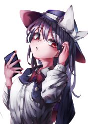 Rule 34 | 1girl, absurdres, black hair, black hat, bow, bowtie, collared shirt, hair between eyes, hat, hat bow, highres, holding, holding phone, long sleeves, looking at viewer, muraryo, nail polish, parted lips, phone, red bow, red eyes, shirt, simple background, solo, touhou, upper body, usami renko, white background, white bow, white shirt