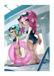 Rule 34 | 2girls, aqua hair, ass, barefoot, black one-piece swimsuit, blue hair, blurry, blurry background, blush, border, closed mouth, clothes pull, commentary request, full body, goggles, goggles on head, highres, inkling, inkling girl, inkling player character, long hair, medium hair, multiple girls, nintendo, octoling, octoling girl, octoling player character, one-piece swimsuit, one-piece swimsuit pull, pink hair, pointy ears, splatoon (series), standing, sweat, swim cap, swimsuit, tentacle hair, thick eyebrows, tkhrskrrmy, white border, yellow eyes