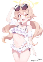 Rule 34 | 1girl, :d, absurdres, bikini, blue archive, brown hair, commentary, dandan (uaee4742), dated, eyewear on head, frilled bikini, frills, halo, hifumi (blue archive), hifumi (swimsuit) (blue archive), highres, looking at viewer, low twintails, navel, official alternate costume, open mouth, round eyewear, simple background, smile, solo, sunglasses, swimsuit, twintails, twitter username, white background, white bikini, yellow eyes, yellow halo