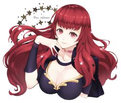 Rule 34 | 1girl, black capelet, breasts, capelet, choker, cleavage, closed mouth, collarbone, dq11neu, eyelashes, facial mark, fire emblem, fire emblem engage, floating hair, hair ornament, hand up, highres, large breasts, long hair, nintendo, pink choker, pink eyes, red hair, simple background, smile, solo, split mouth, star (symbol), star facial mark, star hair ornament, twitter username, upper body, white background, yunaka (fire emblem)