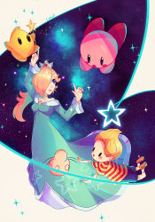 Rule 34 | 1boy, 1girl, arm up, artist name, bad id, bad pixiv id, black eyes, blonde hair, blue dress, blue eyes, blue shorts, blush, brown footwear, child, crown, dress, hair over one eye, hand up, index finger raised, kirby, kirby (series), long hair, lopuii, lucas (mother 3), luma (mario), mario (series), mother (game), mother 3, nintendo, open mouth, rosalina, shirt, shorts, smile, space, star (symbol), striped clothes, striped shirt, super mario galaxy, super smash bros., wand