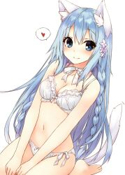Rule 34 | 1girl, animal ear fluff, animal ears, blue eyes, blue hair, bra, braid, cat ears, cat girl, cat tail, commentary, dutch angle, flower, hair between eyes, hair flower, hair ornament, heart, highres, long hair, looking at viewer, navel, original, panties, ribbon, saeki touma, seiza, simple background, sitting, solo, spoken heart, symbol-only commentary, tail, underwear, underwear only, v arms, very long hair, white background, white bra, white panties, white ribbon