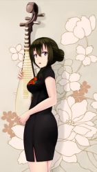 Rule 34 | 1girl, bad id, bad pixiv id, beifeng han, biwa lute, black hair, chinese text, commentary request, flower, hair between eyes, hair bun, instrument, long hair, looking at viewer, lute (instrument), miyaura sanshio, open mouth, original, peony (flower), purple eyes, side slit, simple background, single hair bun, solo, white background