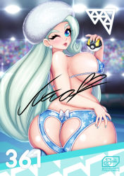 Rule 34 | 1girl, ass, ass cutout, bare arms, bare shoulders, bikini, bikini top only, blue nails, blue panties, blue thighhighs, blush, breasts, clothing cutout, creatures (company), curvy, earrings, from behind, full body, game freak, hat, heart cutout, high heels, huge ass, jewelry, kneeling, large breasts, league card, lips, long hair, looking at viewer, looking back, mature female, melony (pokemon), nail polish, nintendo, one eye closed, panties, pearl earrings, poke ball, pokemon, pokemon swsh, sevie, silver hair, solo, stadium, swimsuit, thighhighs, tongue, tongue out, underwear, white hat, wink