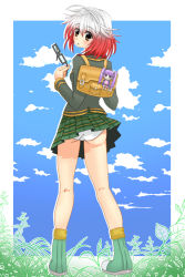 Rule 34 | 1girl, ahoge, alternate costume, antenna hair, artist request, ass, backpack, bag, blazer, boots, cloud, full body, glasses, highres, jacket, looking at viewer, multicolored hair, open mouth, panties, pantyshot, parted lips, pascal (tales), pascal (tales), plaid, plaid skirt, red hair, school uniform, short hair, skirt, sophie (tales), tales of (series), tales of graces, two-tone hair, underwear, white hair, white panties, yellow eyes