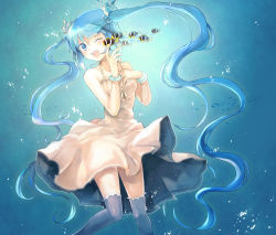 Rule 34 | 1girl, bad id, bad pixiv id, blue eyes, blue hair, bracelet, dress, fish, hatsune miku, jewelry, kazi, long hair, matching hair/eyes, open mouth, solo, thighhighs, twintails, underwater, very long hair, vocaloid, wink