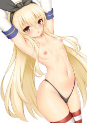 Rule 34 | 1girl, :o, armpits, arms up, black hairband, black panties, black ribbon, blonde hair, blush, breasts, brown eyes, collarbone, cowboy shot, elbow gloves, gloves, hair ribbon, hairband, kantai collection, long hair, looking at viewer, navel, nipples, open mouth, panties, ribbon, shimakaze (kancolle), simple background, skindentation, small breasts, solo, stomach, striped clothes, striped thighhighs, thighhighs, thong, topless, toshishikisai, underwear, underwear only, very long hair, white background, white gloves