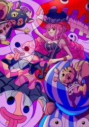 Rule 34 | 1girl, animal, arm tattoo, arm up, braid, dress, drill hair, frilled dress, frills, ghost, hat, highres, holding, holding umbrella, kumacy, long dress, long hair, looking at viewer, one piece, perona, pink lips, purple background, risky brothers zombies, sidelocks, smile, squirrel, strapless, strapless dress, tattoo, tongue, tongue out, top hat, umbrella, watch, wristwatch, yoki (ricardo blue73)