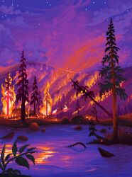 Rule 34 | burning, cloud, commentary, english commentary, fire, forest, hill, jubilee (8pxl), nature, night, night sky, no humans, original, outdoors, pixel art, plant, rock, scenery, sky, smoke, star (sky), tree, water, wildfire